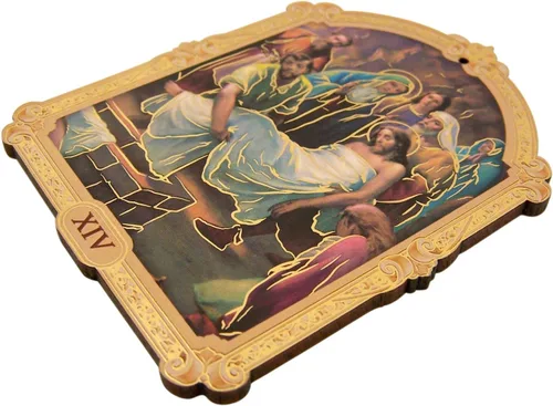 Vista 4 de Needzo Stations of The Cross - Placas de madera católica con detalles metálicos en tono dorado, decoraciones religiosas, 3 5/8 pulgadas, juego de 16
