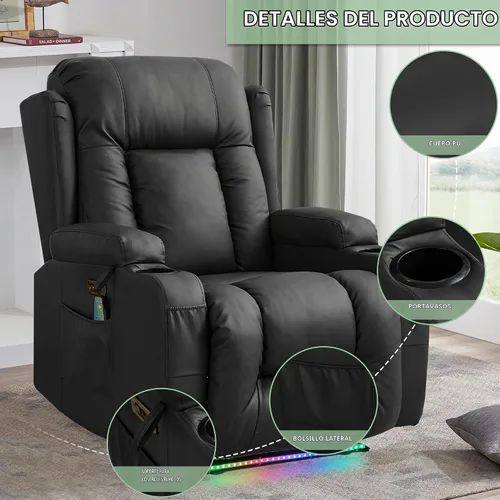 Vista 7 de TUNYI - Sofá reclinable con masaje y calor, asientos de cine en casa, sofá reclinable para RV, sofá individual con USB/soporte para vasos/bolsillo