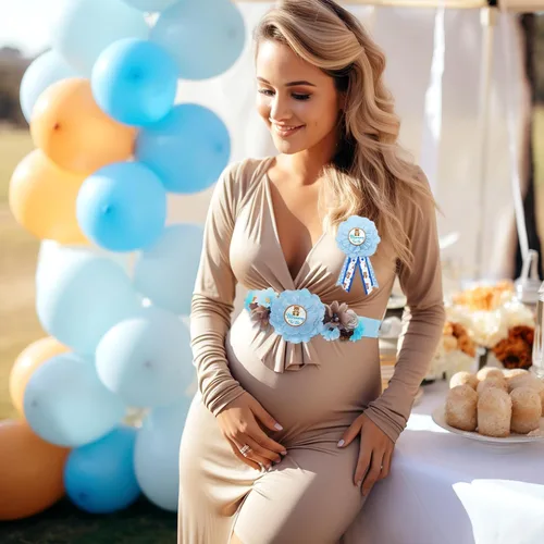Vista 5 de Vansolinne Oso de peluche azul para maternidad, banda para mamá para ser y papá para ser ramillete, juego de alfileres para oso baby shower