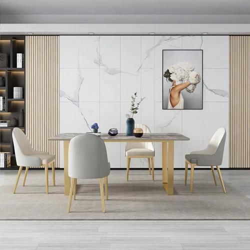 Vista 2 de LITFAD Juego de mesa nórdica de comedor con base de metal, mesa de comedor rectangular formal, juego de comedor moderno con 4 sillas de comedor