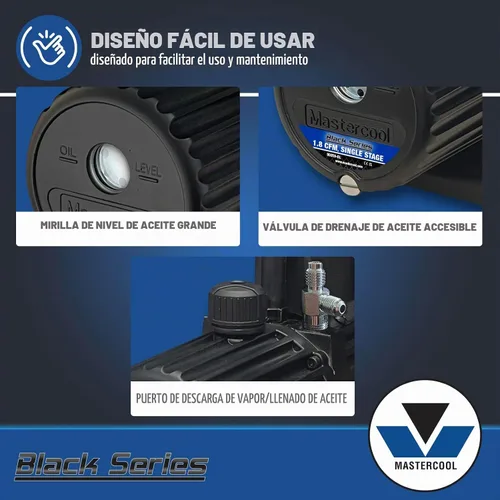 Vista 5 de Mastercool 90059-BL Serie Negra Bomba de vacío de fase única de 1.8 CFM con motor protegido térmicamente, ventilador de alto volumen y válvula