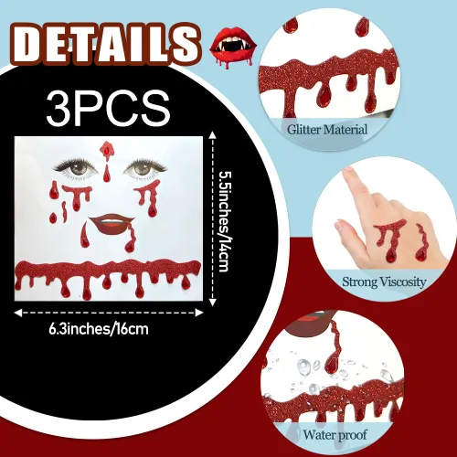 Vista 3 de Calcomanías para la cara de vampiro, 3 unidades, disfraz de vampiro para mujer, joyas para la cara, accesorios de vampiro, calcomanías de cara
