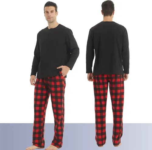 Vista 3 de YUSHOW Pijamas a juego para parejas, conjunto de pijama a cuadros para mujeres y hombres, camisa y pantalones de forro polar suave y cálido