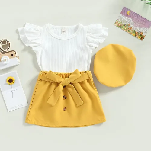 Vista 2 de Ayalinggo Conjunto de ropa para niños y niñas pequeñas, con volantes, manga acanalada, camiseta acanalada, falda acampanada, cinturón, sombrero