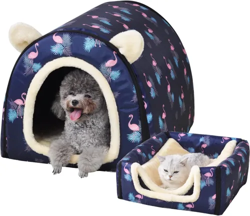 Vista 8 de Cama para gato o cama para perro, 2 formas de uso, casa de mascotas para interior con alfombra esponjosa, cubierta extraíble y lavable, fondo Grúas