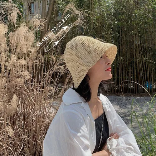 Vista 3 de Women Sun Hat Hand-Woven Packable Beach Bucket Hat Summer Floppy UV Protection Hats Beige