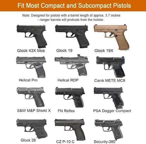 Vista 2 de Funda universal OWB para pistolas compactas y subcompactas, compatible con Glock 19/26/43/43X/43X MOS, FN Reflex, Hellcat pro, Taurus G2C, PSA