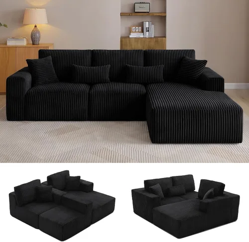 Vista 11 de Sofá modular en forma de L de 108 pulgadas, sofá modular sin hueso para sala de estar, cómodo sofá esponjoso de pana con asiento profundo Camel
