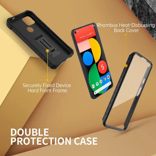 Vista 7 de FITO Funda para Google Pixel 5A, funda resistente a prueba de golpes de doble capa con protector de pantalla, soporte integrado (negro)