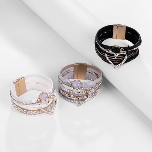 Vista 6 de Long tiantian Pulsera de cuero multicapa con corazón moderno bohemio con cierre magnético y diamantes de imitación para mujer, Cobre, otro