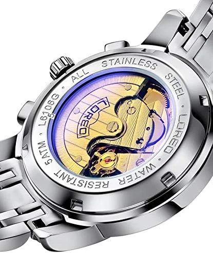 Vista 5 de LOREO Reloj de hombre automático multifunción de zafiro plateado de acero inoxidable con fecha, esfera negra, resistente al agua