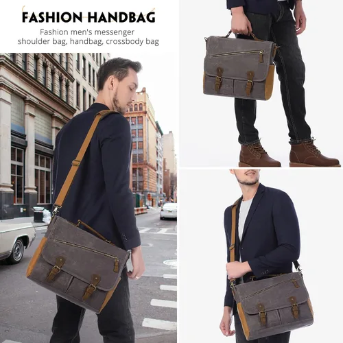 Vista 6 de LOVEVOOK Bolso bandolera para hombre de cuero auténtico impermeable de lona retro de 156 pulgadas para laptop para el trabajo la escuela los viajes