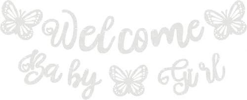 Vista 8 de Cartel de bienvenida preencordado para bebé niña, decoración de fiesta de bienvenida con purpurina dorada, perfecta para fiesta de revelación