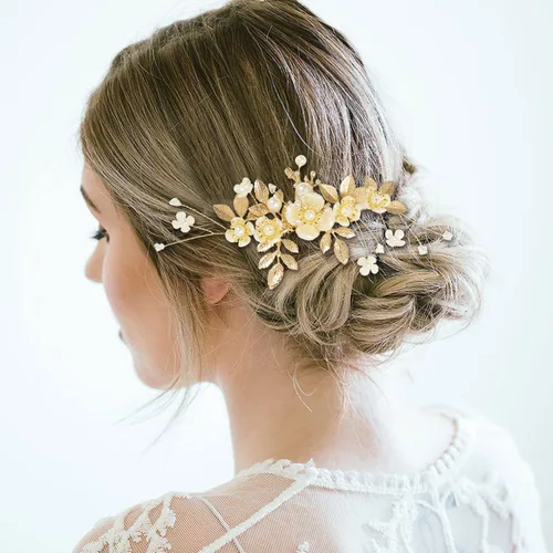 Vista 2 de Cinaci Paquete de 27 peines laterales de metal para novias con diamantes de imitación dorados con diamantes de imitación y perlas en forma de U
