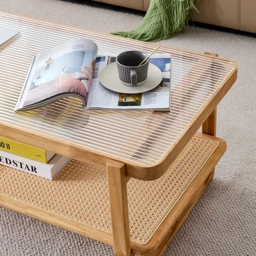 Vista 6 de TesNus Mesa de centro de madera maciza, moderna mesa de centro de ratán con estante de almacenamiento de 2 niveles, mesa de centro rectangular