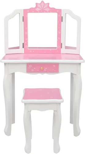 Vista 6 de Juego de tocador con espejo y taburete para niñas, tocador de maquillaje con cajón, mesa de tocador de princesa para niñas