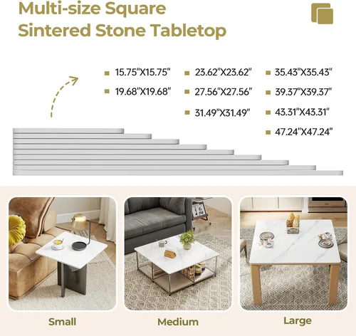 Vista 5 de Square Table Top, 19.6” White Sintered Stone Tabletop, DIY Replacement & Cover Marble Desktop, Scratch & Wear Resistant, Suitable for Indoor &