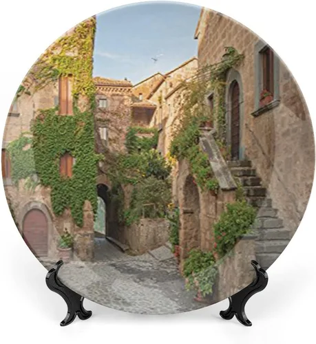 Vista 11 de Plato decorativo de 6 pulgadas, cerámica toscana, antigua calle italiana en pequeña ciudad provincial de Italia, placa de exhibición europea hecha a