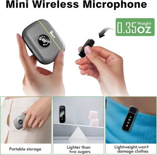Vista 5 de Micrófono Lavalier inalámbrico para iPhone/Android - Mini micrófono dual con cancelación de ruido con funda de carga (30H), micrófono de clip