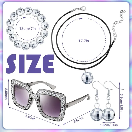 Vista 3 de 6 Pcs 70s Disco Costume Women Disco Costume Outfit, 70s Dance Dress Headband Disco Ball Earrings Necklace Bracelet Sunglasses