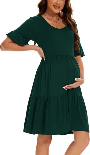 Vista 6 de Smallshow Vestido de maternidad para mujer, con volantes, manga corta, ropa de embarazo de verano Verde militar