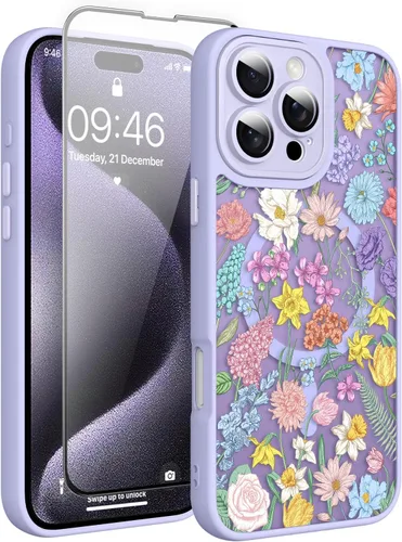 Vista 89 de Magnético para iPhone 13 con protector de pantalla [Compatible con MagSafe] Diseño de patrón floral de flores bonitas, funda delgada a prueba
