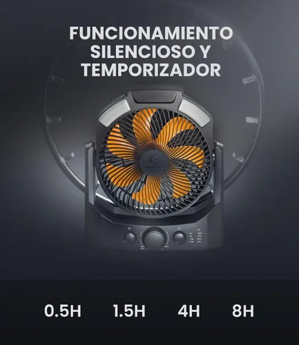 Vista 4 de Ventilador de campamento con linterna LED, ventilador de escritorio con pilas D de 8 pulgadas con temporizador, control de velocidad continuo