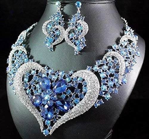 Vista 4 de janefashions Corazón Azul Austriaca Rhinestone Crystal babero collar arete set nupcial n1620b