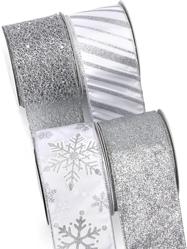 Vista 7 de Ribbli - Cinta con alambre dorada champagne para árbol de Navidad, cinta de malla con purpurina y diseño de copos de nieve para manualidades