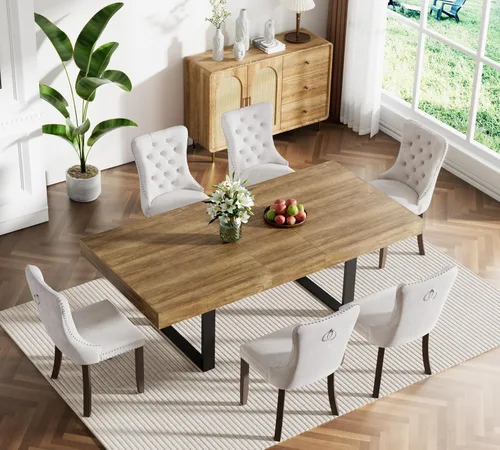 Vista 41 de Juego de mesa de comedor extensible marrón de 63 a 78.74 pulgadas para 4, juego de mesa de comedor de 5 piezas con 4 sillas tapizadas, mesa