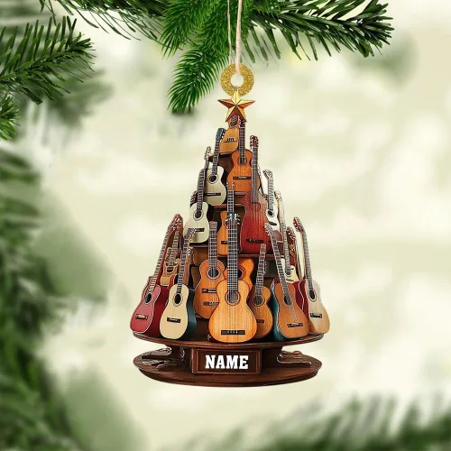 Vista 4 de Adorno de guitarra personalizado 2025, adorno de Navidad de guitarra acústica con nombre personalizado, regalo para guitarristas y amantes