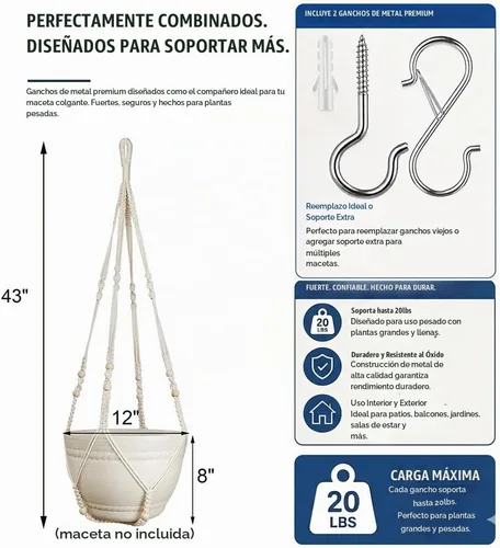 Vista 3 de Bouqlife Colgador de macramé de 43 pulgadas para macetas de 14 pulgadas, extra largo, sin borlas, cuerda de algodón, soporte para plantas colgantes