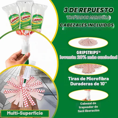 Vista 3 de Libman Wonder Mop Plus 3 recambios, trapeador autoescurrible, absorbente, trapeador de microfibra para limpieza multisuperficie del hogar, 3