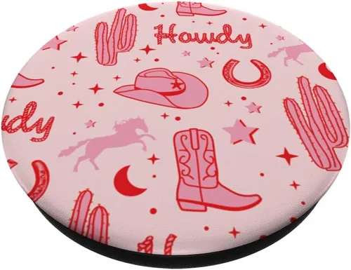 Vista 2 de Patrón de sombrero de vaquero y botas pastel PopSockets estéticos de vaquero rosa PopGrip intercambiable