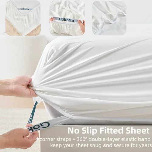 Vista 5 de Gokotta Sábana bajera ajustable y funda de almohada de rayón de bambú, sábana refrescante súper suave con 4 correas elásticas en las esquinas