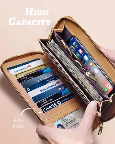Vista 2 de Yarnic Cartera de leopardo para mujer con tarjetero de crédito, bolsillos para dinero, correa de pulsera, carteras con clip para monedas, monedero