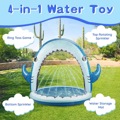 Vista 3 de Gleamkid Aspersor de tiburón gigante para niños, juguetes inflables de agua con rociador de 360°, 4 anillos de lanzamiento de plástico, juego