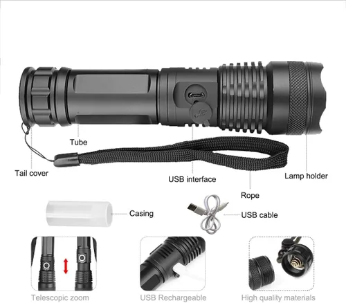 Vista 2 de Pocketman Linterna táctica LED recargable de 2700 lúmenes, portátil y zoomable, resistente al agua IPX5, resistente al agua, con 5 modos, cable USB