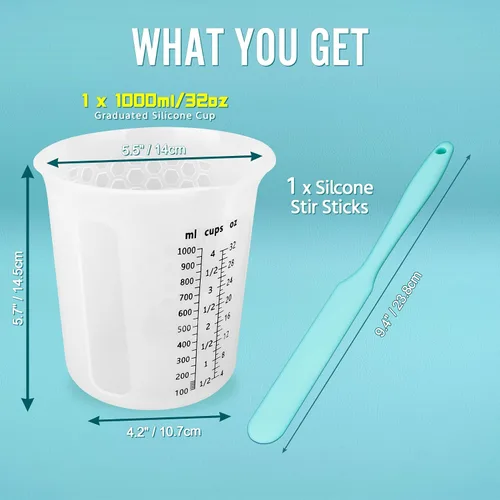 Vista 2 de Juego de tazas medidoras de mezcla de resina de silicona de 1L para suministros de resina, marcas fáciles de leer, taza grande de 1000ml/32oz, tazas