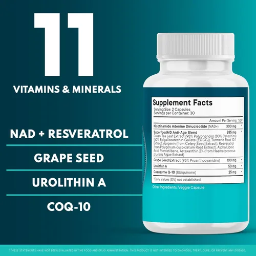 Vista 3 de Suplemento NAD+ - Liposomal + Resveratrol para mujeres y hombres, astaxantina, CoQ10, ácido alfa lipoico, té verde, urolitina, 60 cápsulas