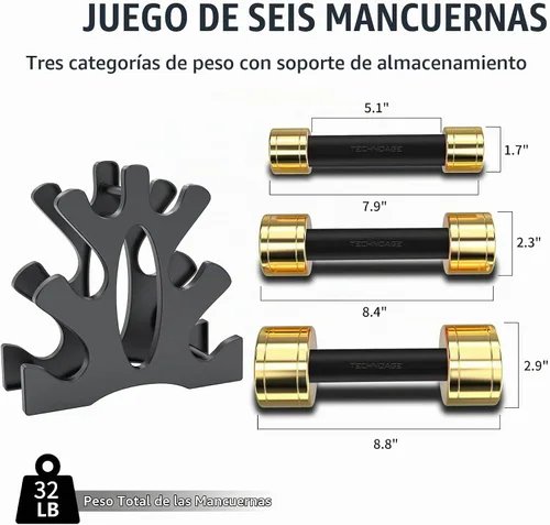 Vista 3 de Conjuntos de mancuernas redondas TECHNOAGE con mango de acero, cubierta de mango de goma de neopreno inolora Negro-6 piezas