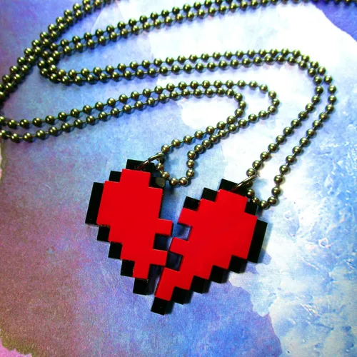 Vista 3 de BFF - Juego de collar de corazón de píxeles de la amistad, juego de 2 collar de corazón de 8 bits para el día de San Valentín