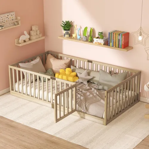 Vista 9 de Cama Montessori de madera tamaño matrimonial con valla de alta Blanco (White F)