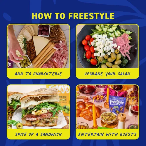 Vista 4 de Freestyle Snacks Paquetes de aperitivos de oliva, como se ve en Shark Tank, una sola porción, aceitunas frescas sin hueso, cultivadas en Grecia