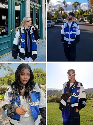 Vista 4 de Aelfric Eden Chaqueta de motocicleta para hombre, chaqueta de béisbol Blackair Moto Varsity para mujer, abrigos vintage