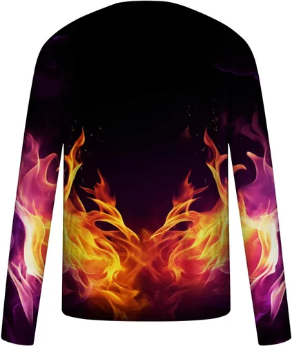 Vista 5 de Flame Graphic T-Shirt Tees Mens Long Sleeve Workout Tops Slim Fit Lightweight Round-Neck Pullover Tunic Hip Hop Tee