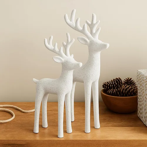 Vista 9 de 2 piezas de decoración moderna de Navidad, decoración neutral de Navidad de renos, estatuas de ciervos de resina, figuras de renos, estatuas