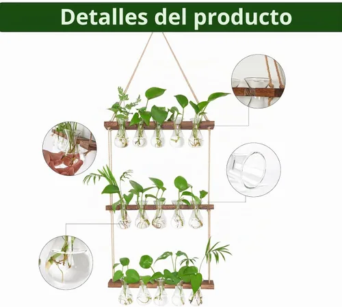 Vista 3 de XXXFLOWER Wall Hanging Propagation Station 5 Bulb Vase 3 Tiers Brown Transparente