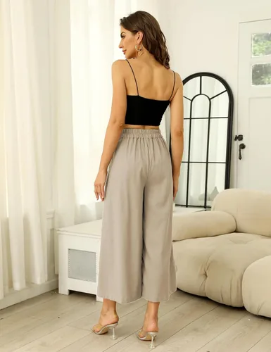 Vista 4 de Hooever Pantalones culottes de algodón y lino para mujer, cintura elástica, pierna ancha, pantalones capri