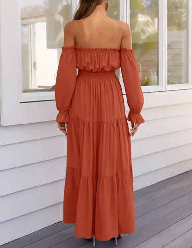 Vista 44 de ZESICA - Vestido largo, bohemio y sexy, con hombros descubiertos y manga larga fruncida, con elástico fruncido, cintura alta y abertura lateral